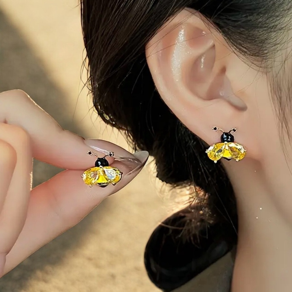New! Bee Rhinestone Earrings 14K Golden Plated Black & Yellow Gemstones